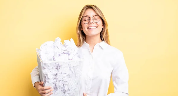 Pretty Blonde Girl Laughing Out Loud Some Hilarious Joke Paper — Stock Photo, Image