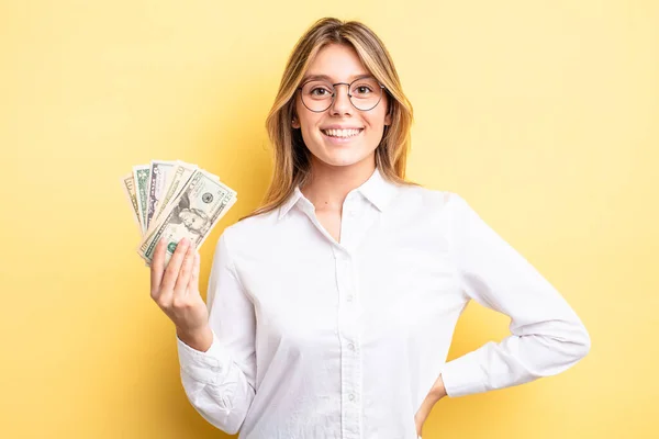 Pretty Blonde Girl Smiling Happily Hand Hip Confident Dollar Banknotes — Stock Photo, Image