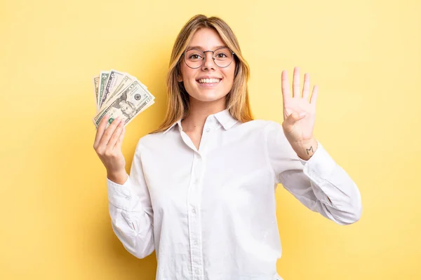 Pretty Blonde Girl Smiling Looking Friendly Showing Number Four Dollar — Stock Photo, Image