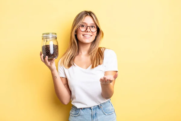 Pretty Blonde Girl Smiling Happily Friendly Offering Showing Concept Coffee — Stock Photo, Image