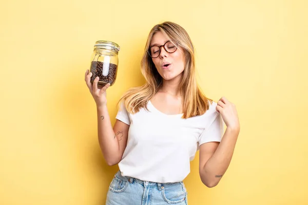 Pretty Blonde Girl Feeling Stressed Anxious Tired Frustrated Coffee Beans — Stock Photo, Image