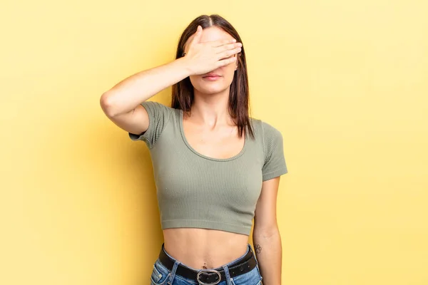 Hispanic Pretty Woman Covering Eyes One Hand Feeling Scared Anxious — Stock Photo, Image