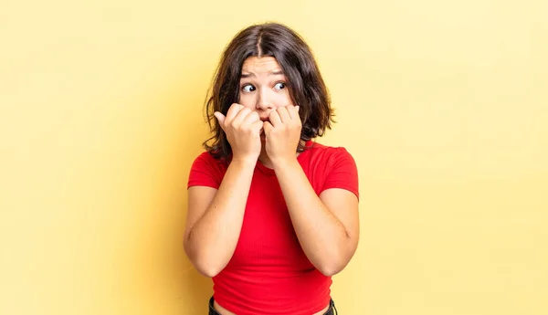 Young Pretty Girl Looking Worried Anxious Stressed Afraid Biting Fingernails — Stock Photo, Image