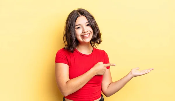 Young Pretty Girl Smiling Feeling Happy Carefree Satisfied Pointing Concept — Stock Photo, Image