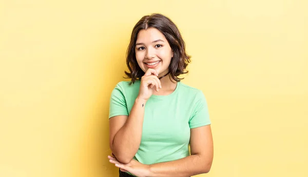 Young Pretty Girl Looking Happy Smiling Hand Chin Wondering Asking — Stock Photo, Image