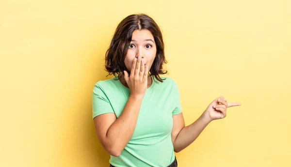 Young Pretty Girl Feeling Happy Shocked Surprised Covering Mouth Hand — Stock Photo, Image