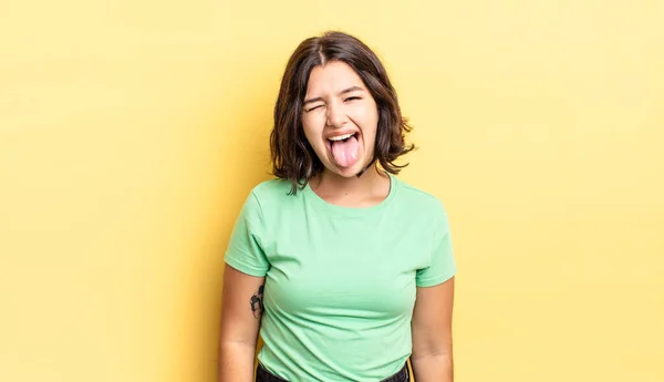 Young Pretty Girl Cheerful Carefree Rebellious Attitude Joking Sticking Tongue — Stock Photo, Image