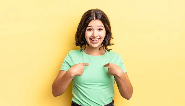 Young Pretty Girl Feeling Happy Surprised Proud Pointing Self Excited — Stock Photo, Image
