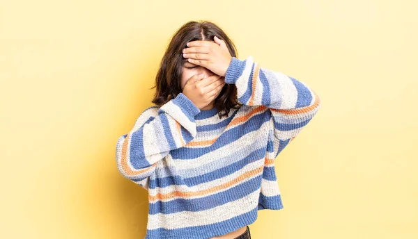 Young Pretty Girl Covering Face Both Hands Saying Camera Refusing — Stock Photo, Image