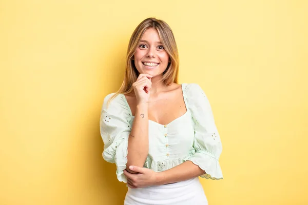 Blonde Pretty Woman Looking Happy Smiling Hand Chin Wondering Asking — Stock Photo, Image