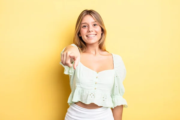 Blonde Pretty Woman Pointing Camera Satisfied Confident Friendly Smile Choosing — Stock Photo, Image