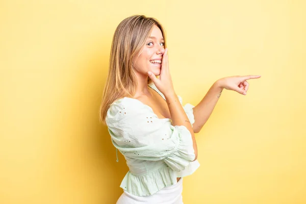 Blonde Pretty Woman Feeling Happy Shocked Surprised Covering Mouth Hand — Stock Photo, Image