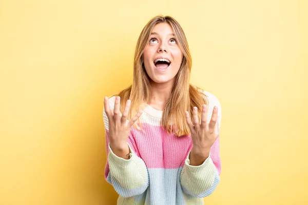 Blonde Pretty Woman Looking Desperate Frustrated Stressed Unhappy Annoyed Shouting — Stock Photo, Image