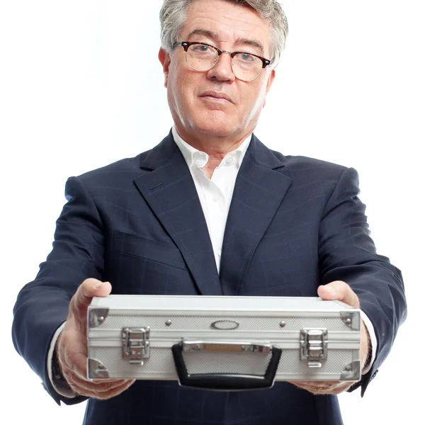 Senior cool man with a steel briefcase — Stock Photo, Image