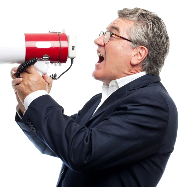 Senior cool man with a megaphone — Stock Photo, Image