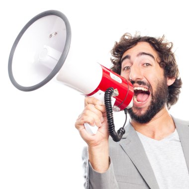 Bir megafon ile bağırarak genç deli adam