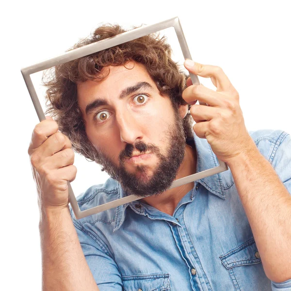 Young crazy man with a steel frame — Stock Photo, Image