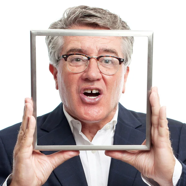 Senior cool man shouting with a steel frame — Stock Photo, Image