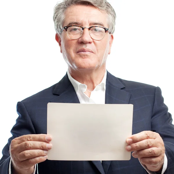 Senior cool man with a placard — Stock Photo, Image