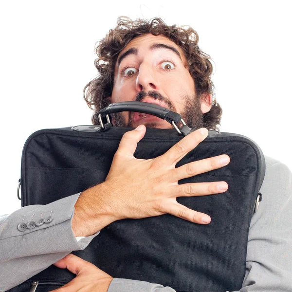Young crazy man with a suitcase — Stock Photo, Image