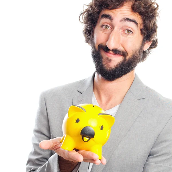 Young crazy man with pig — Stock Photo, Image