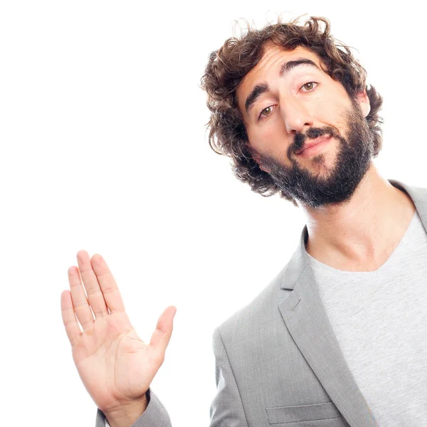 Young crazy man hello sign — Stock Photo, Image