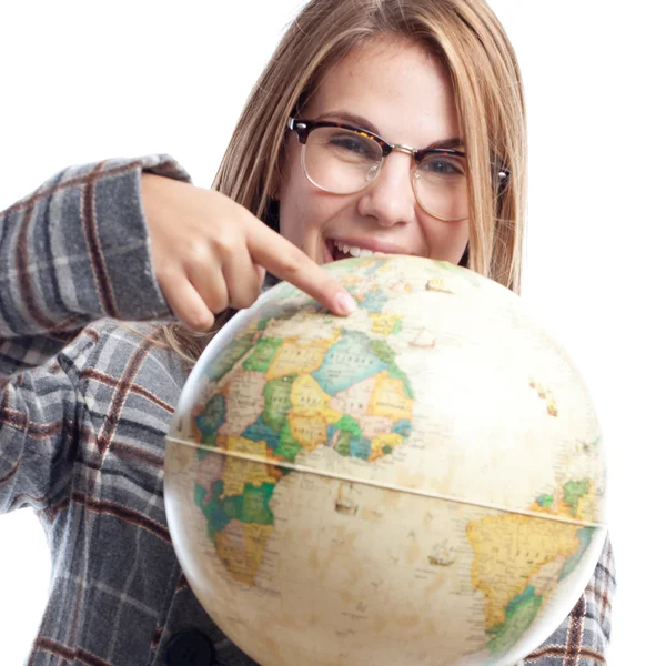 Young cool woman with world globe — Stock Photo, Image