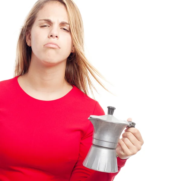 Young cool woman with cup and a kettle — Stock Photo, Image