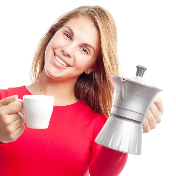 Young cool woman with cup and a kettle — Stock Photo, Image