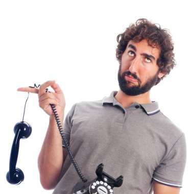 Young crazy man boring at phone clipart