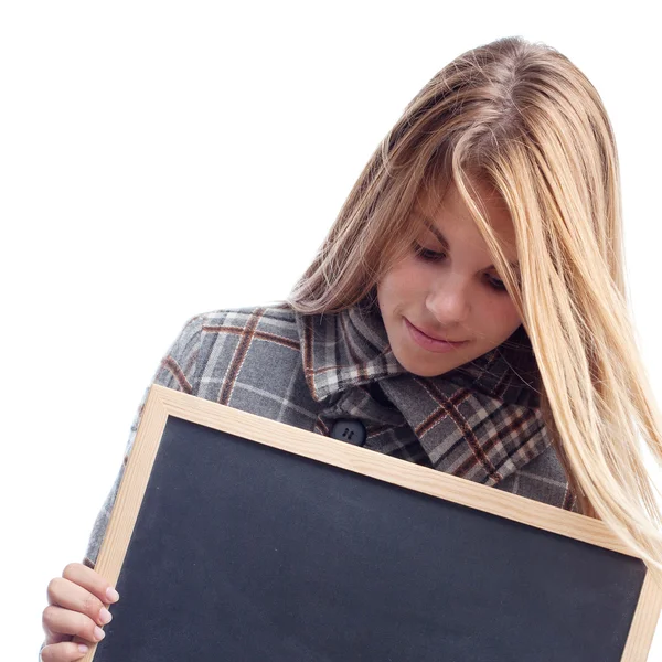 年轻酷女人带黑板 — 图库照片