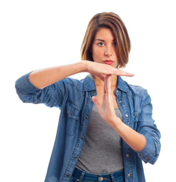 Joven fresco mujer tiempo de espera signo — Foto de Stock