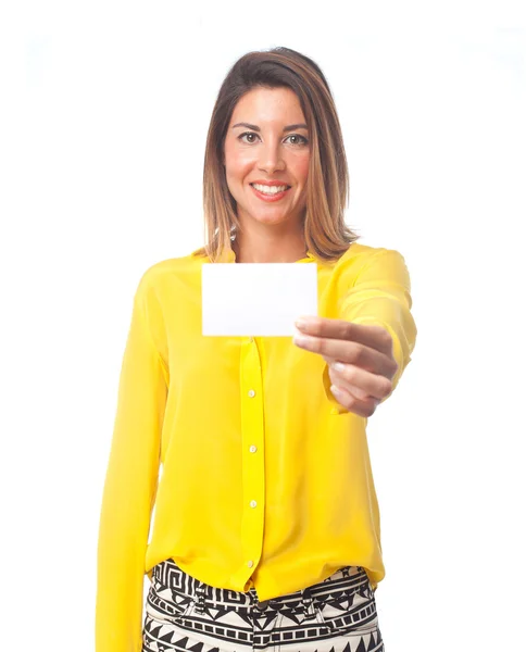 Joven cool mujer con tarjeta de nombre —  Fotos de Stock