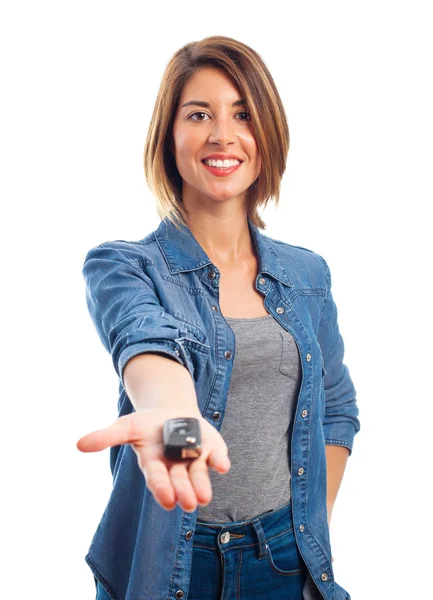 Young cool woman with a car key — Stock Photo, Image