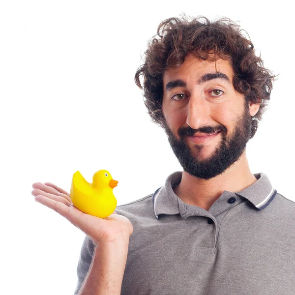 Gek jongeman met een douche-eend — Stockfoto