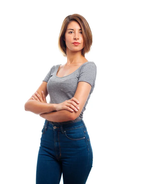 Young cool woman proud sign — Stock Photo, Image