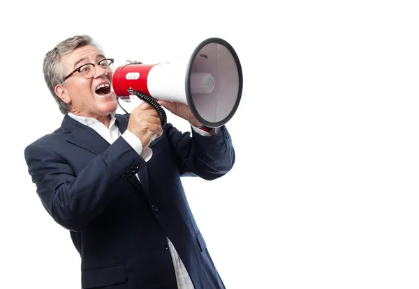 Homem legal sênior com um megafone — Fotografia de Stock