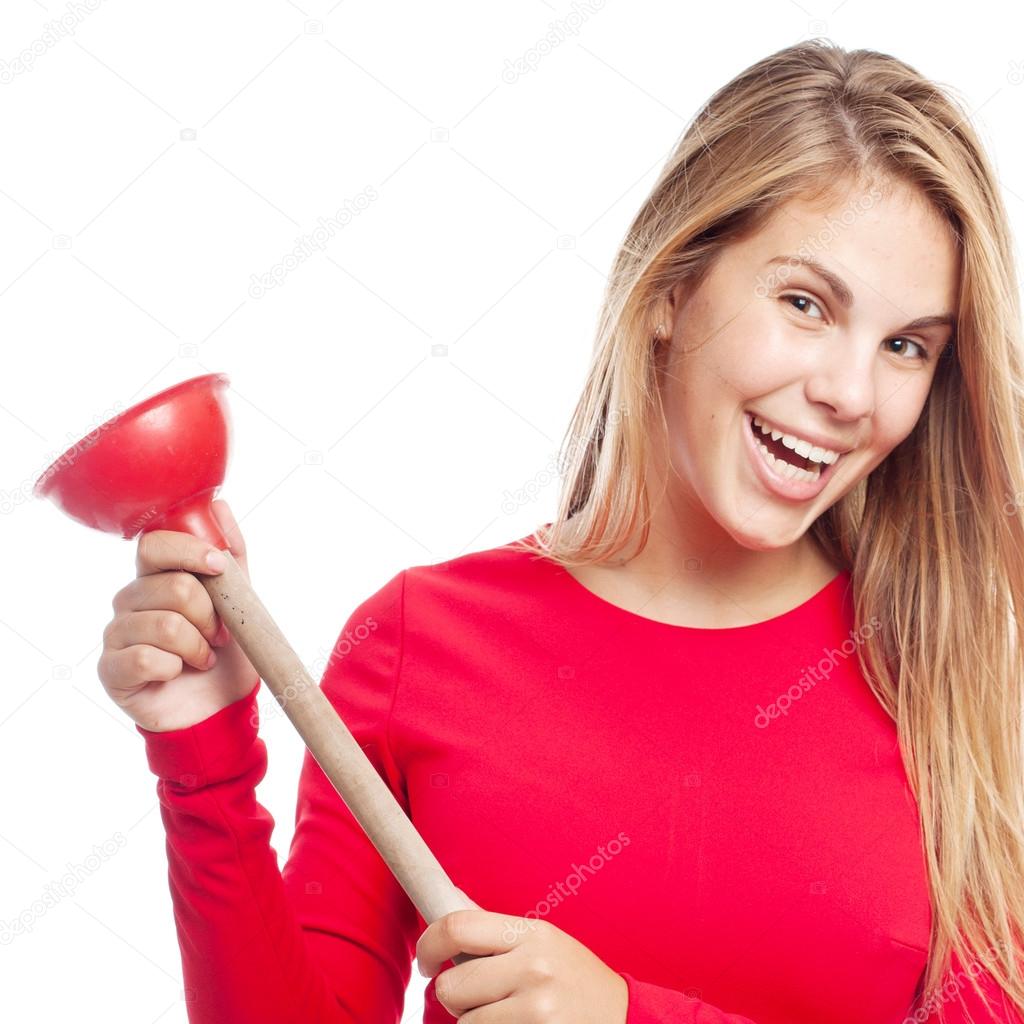 young cool woman with a plunger