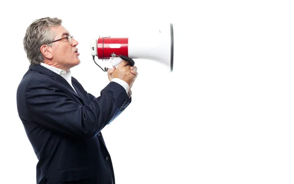 Homem legal sênior com um megafone — Fotografia de Stock