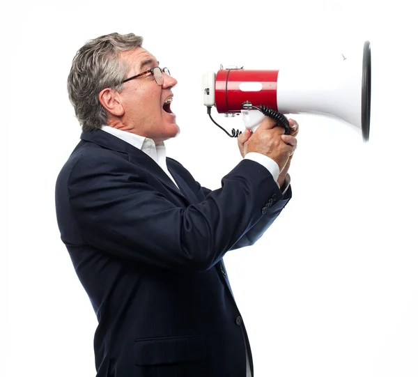 Homem legal sênior com um megafone — Fotografia de Stock