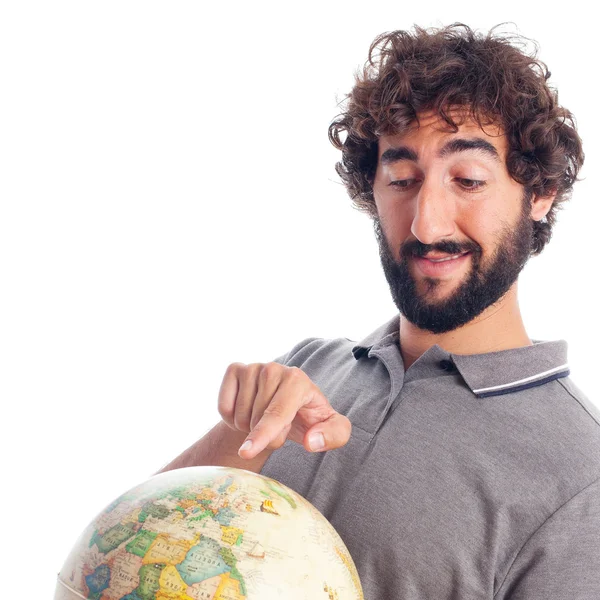 Jovem barbudo homem com globo mundial — Fotografia de Stock