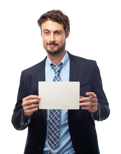 Joven empresario loco con un cartel — Foto de Stock