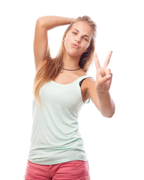 Young cool woman victory sign — Stock Photo, Image