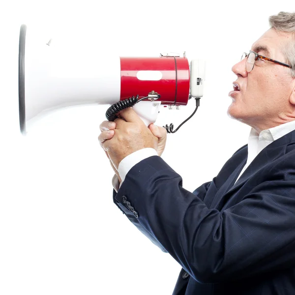 Homem legal sênior com um megafone — Fotografia de Stock