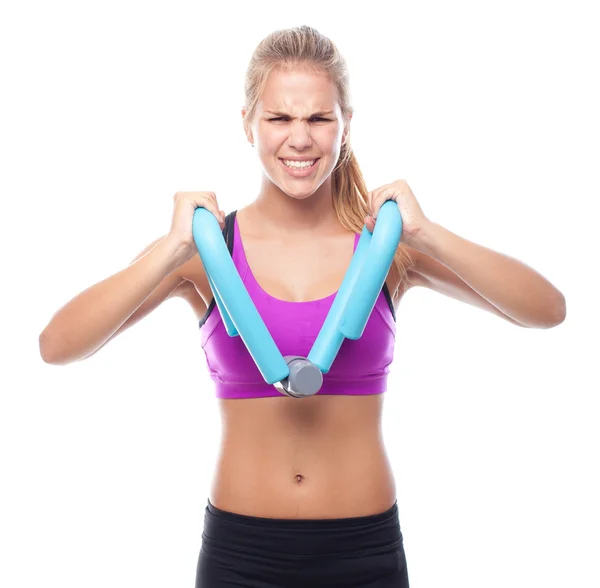 Young cool woman with a dumbbell — Stock Photo, Image