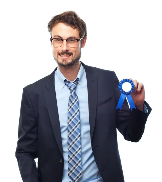 Jovem empresário louco com uma medalha — Fotografia de Stock