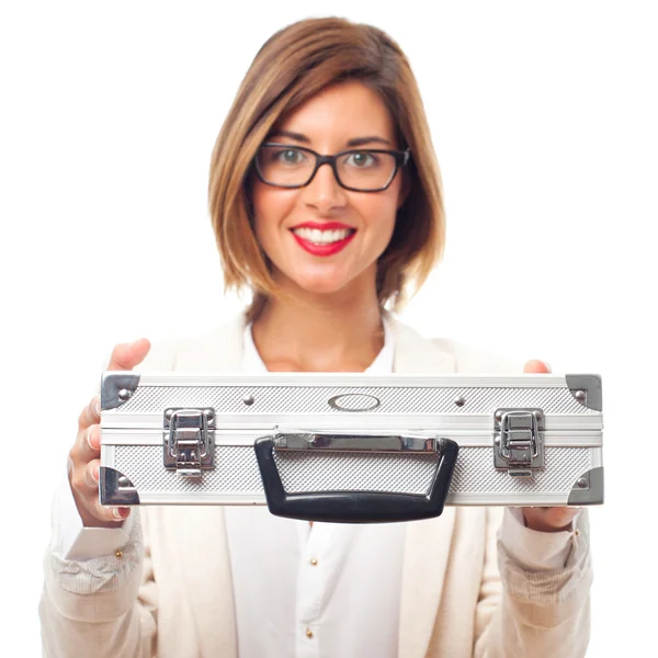 Young cool woman with a steel briefcase — Stock Photo, Image