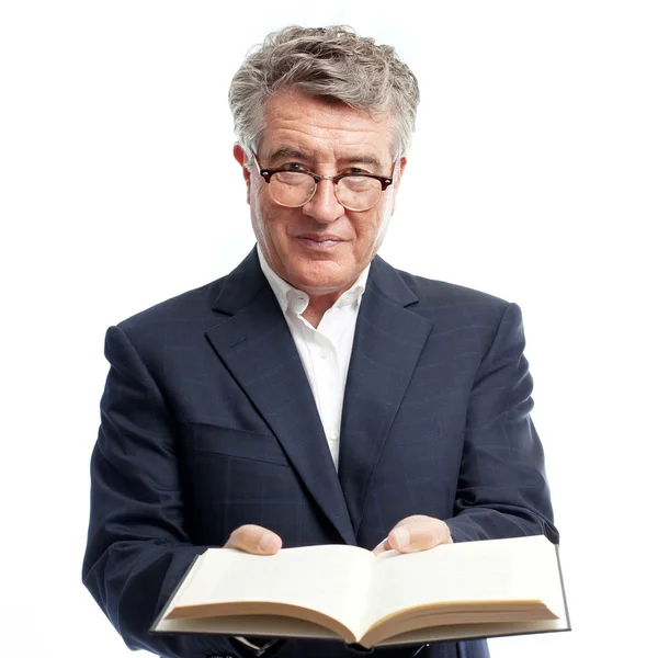 Senior cool man offering a book — Stock Photo, Image