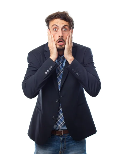 Young crazy businessman surprised face — Stock Photo, Image