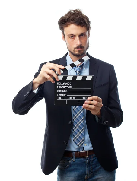 Young crazy businessman with a clapboard — Stock Photo, Image